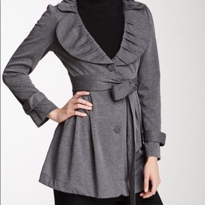 Fever three button, ruffle collar, gray jacket